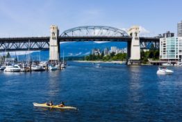 Kayak, Burrard Street Bridge, False Creek, Vancouver, British Columbia, Canada