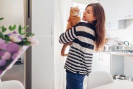 Young woman playing with cat in kitchen at home. Girl holding and raising red cat